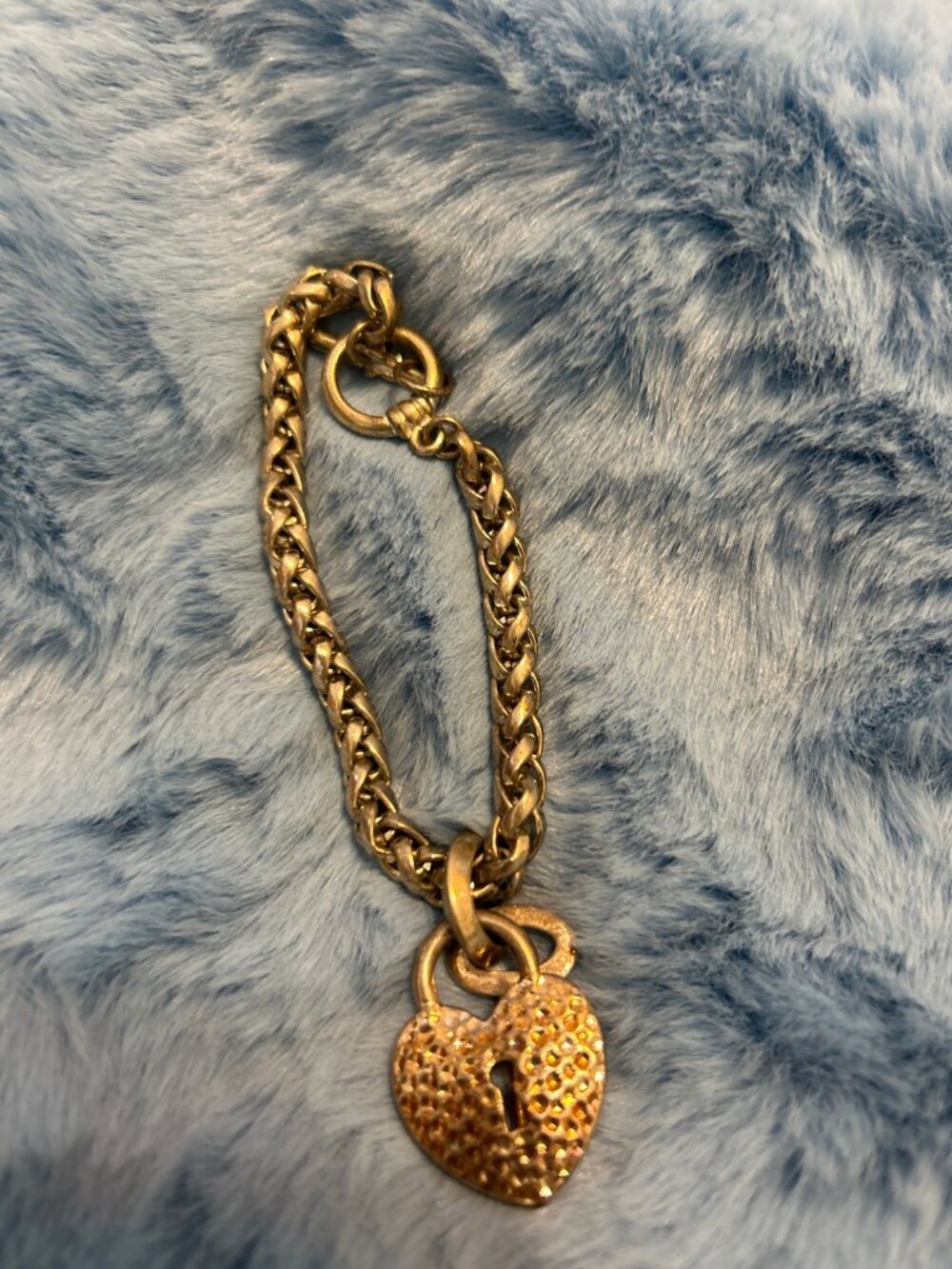 Vintage Gold Tone Charm Bracelet Heart Lock Key Braided Chain